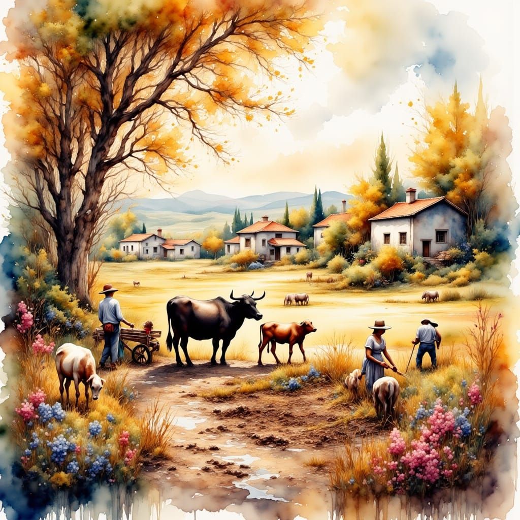 Portuguese Farmers in Golden Light: Watercolor Art
