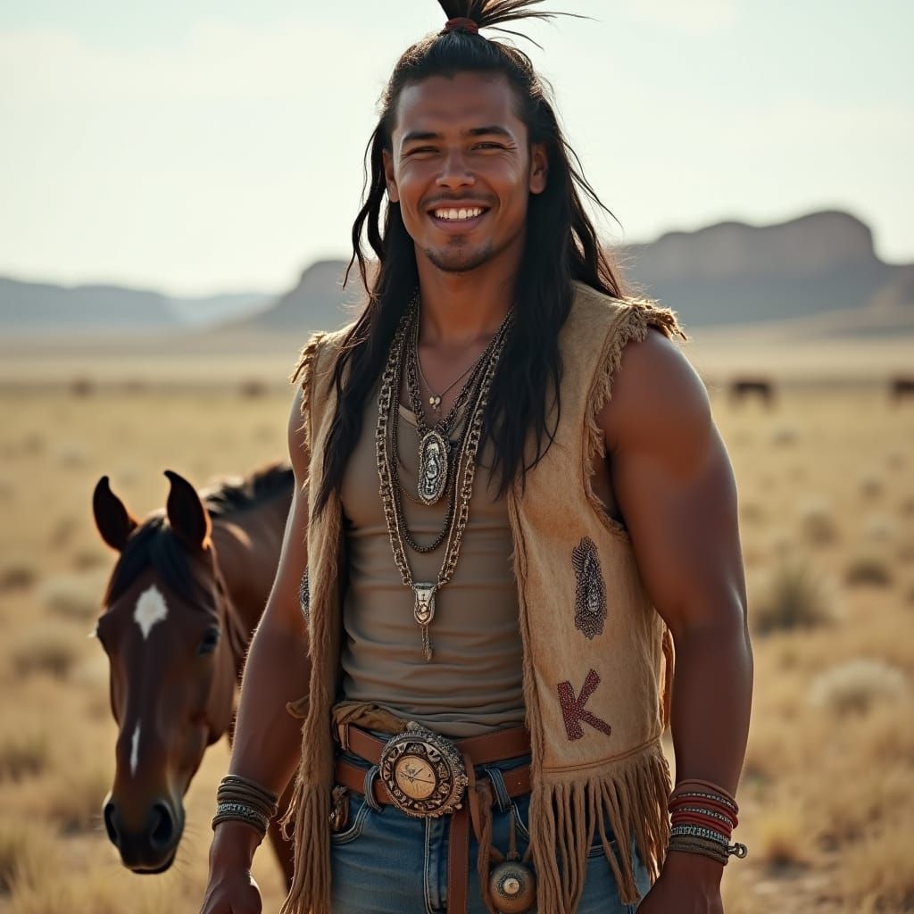 Native American Man in Traditional Attire in Badlands