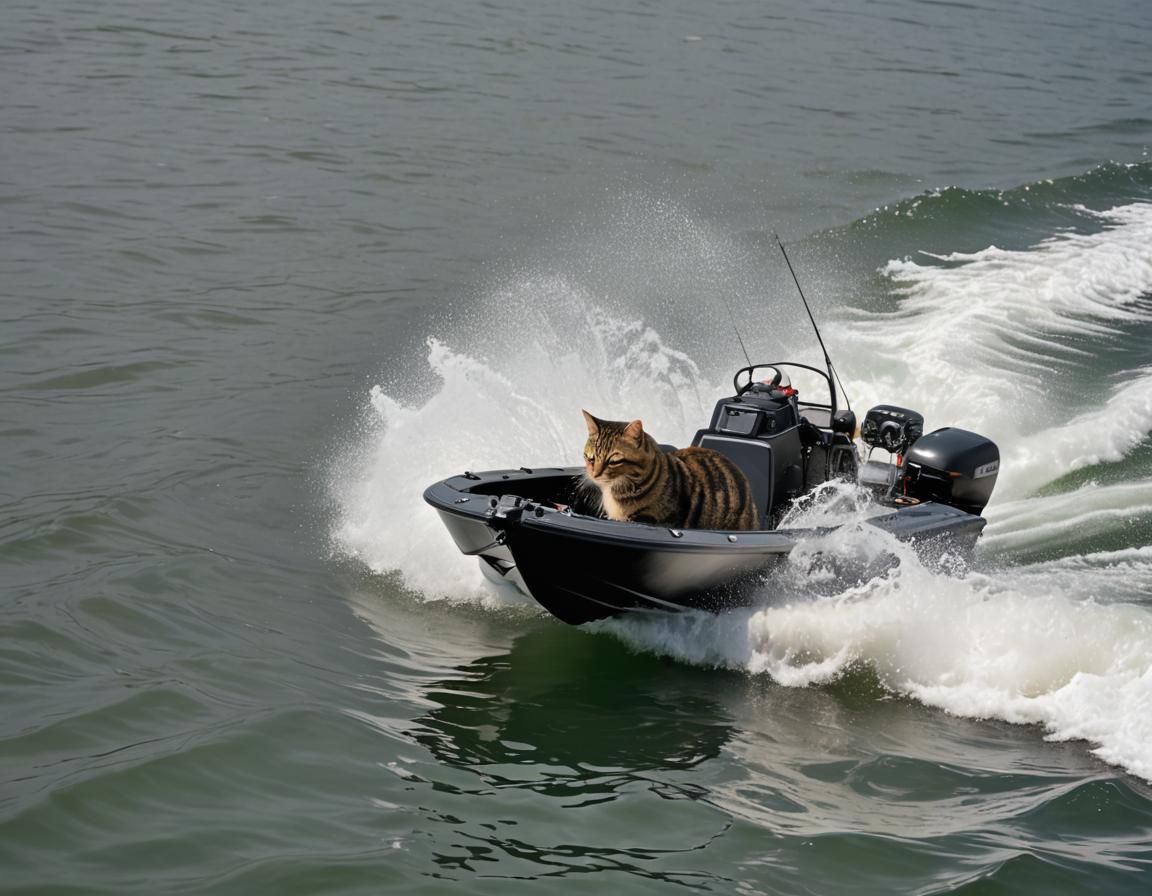 Tabby Cat Drives Speedboat on Sunny Sea