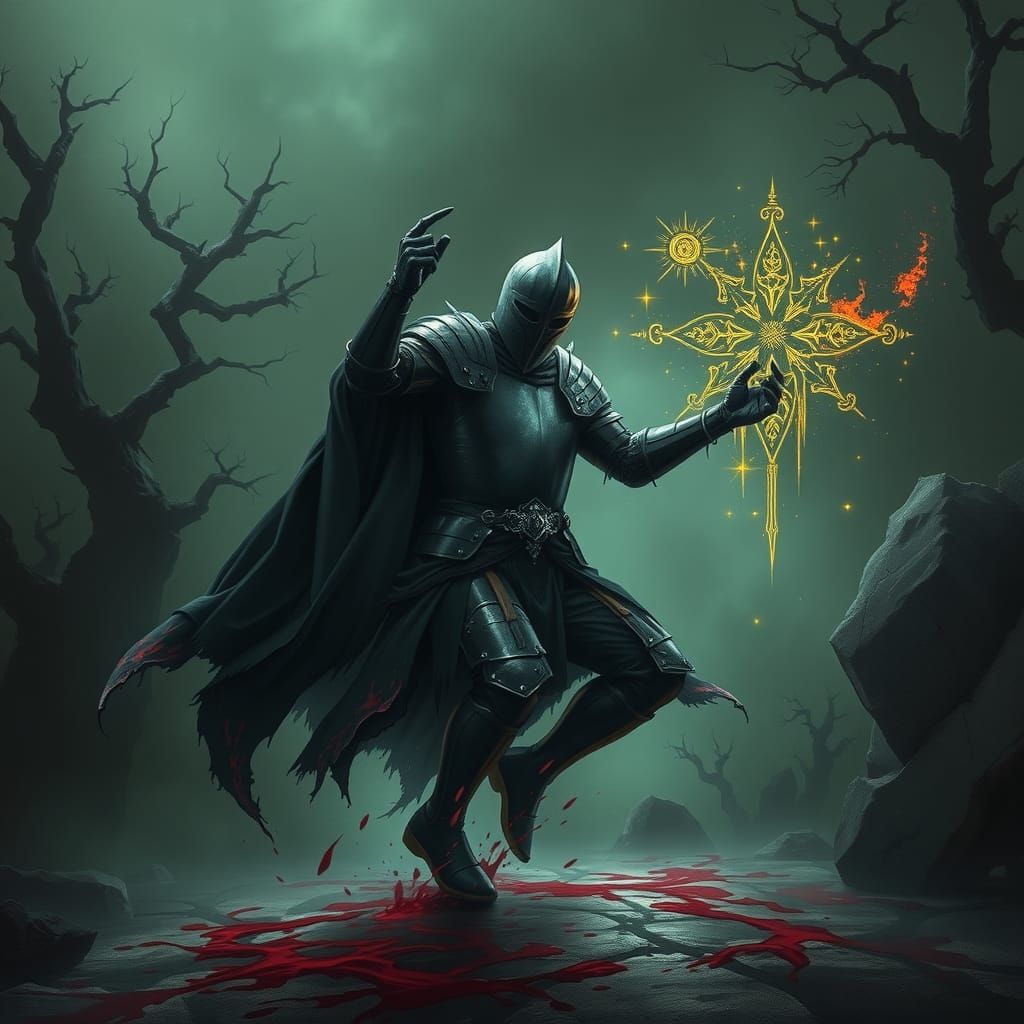 Ominous Knight's Bioluminescent Dance in Dark Fantasy