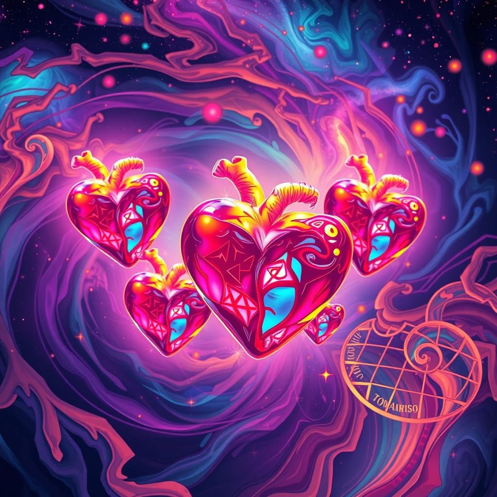 Cosmic Hearts in Vibrant Astral Landscape