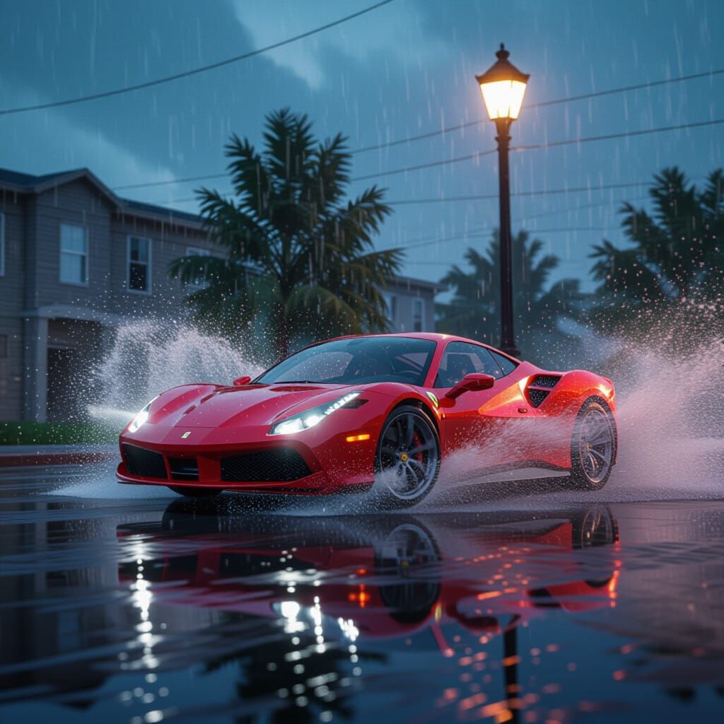 Red Sports Car Crashes After Speeding Through Puddle