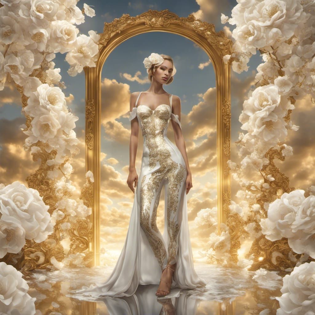 Royal Woman in Gold Jumpsuit with White Flowers