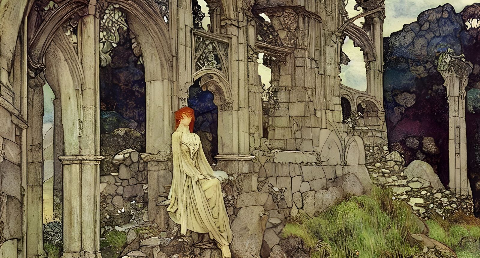 Irish Monastic Ruins in Art Nouveau Style