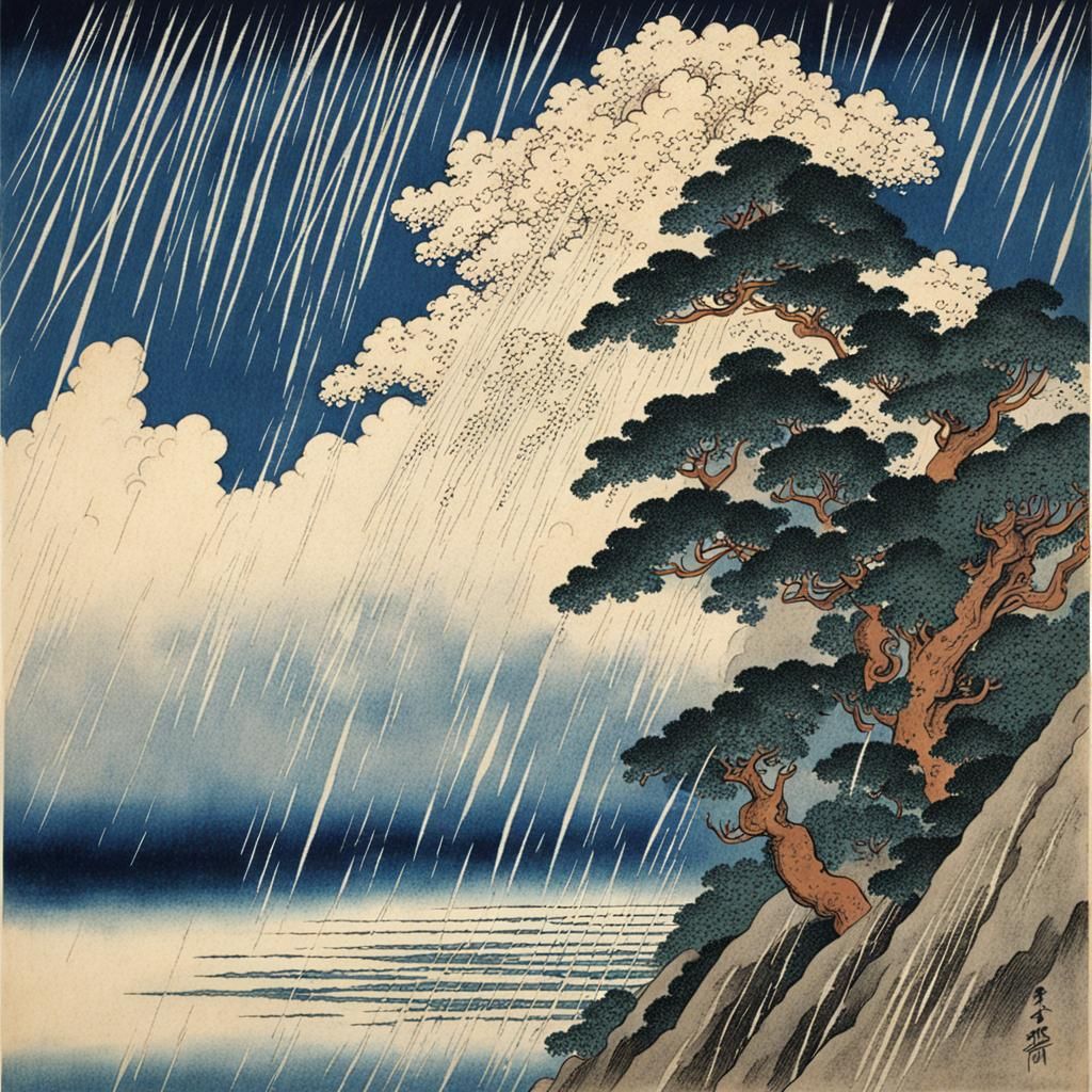 Rain Shower in Hokusai Ukiyo-e Style