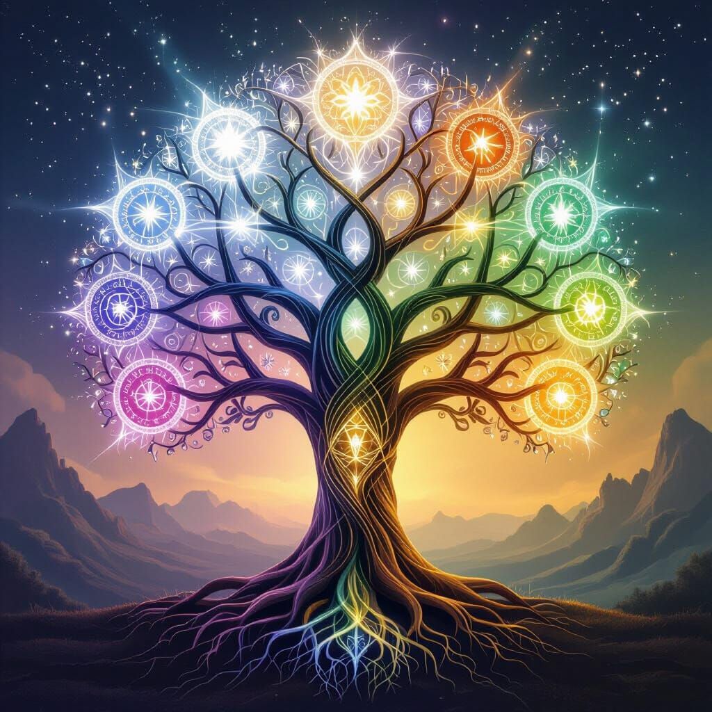 Kabbalistic Tree of Life in Ethereal Cosmic Landscape