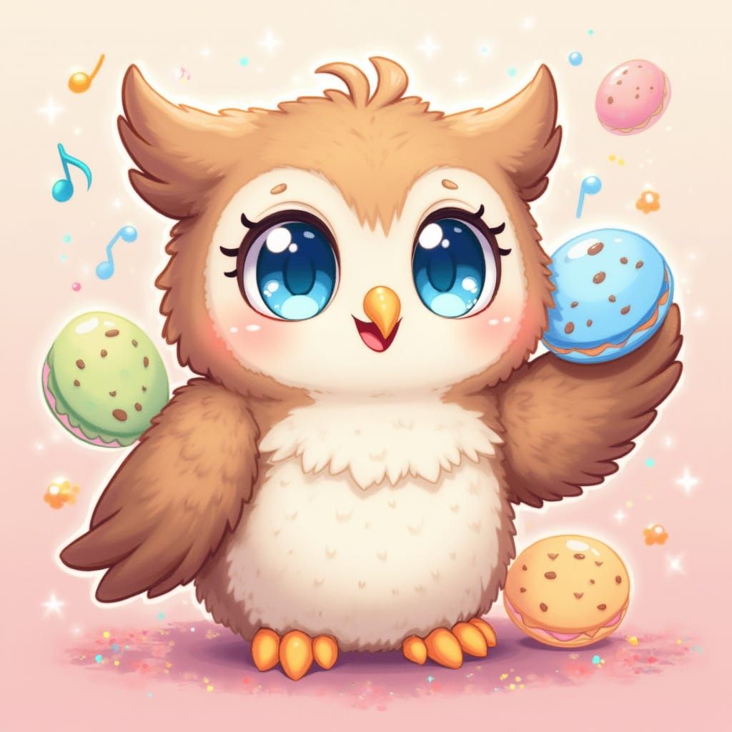 Kawaii Owl Surrounded by Cookies in Pastel Hues