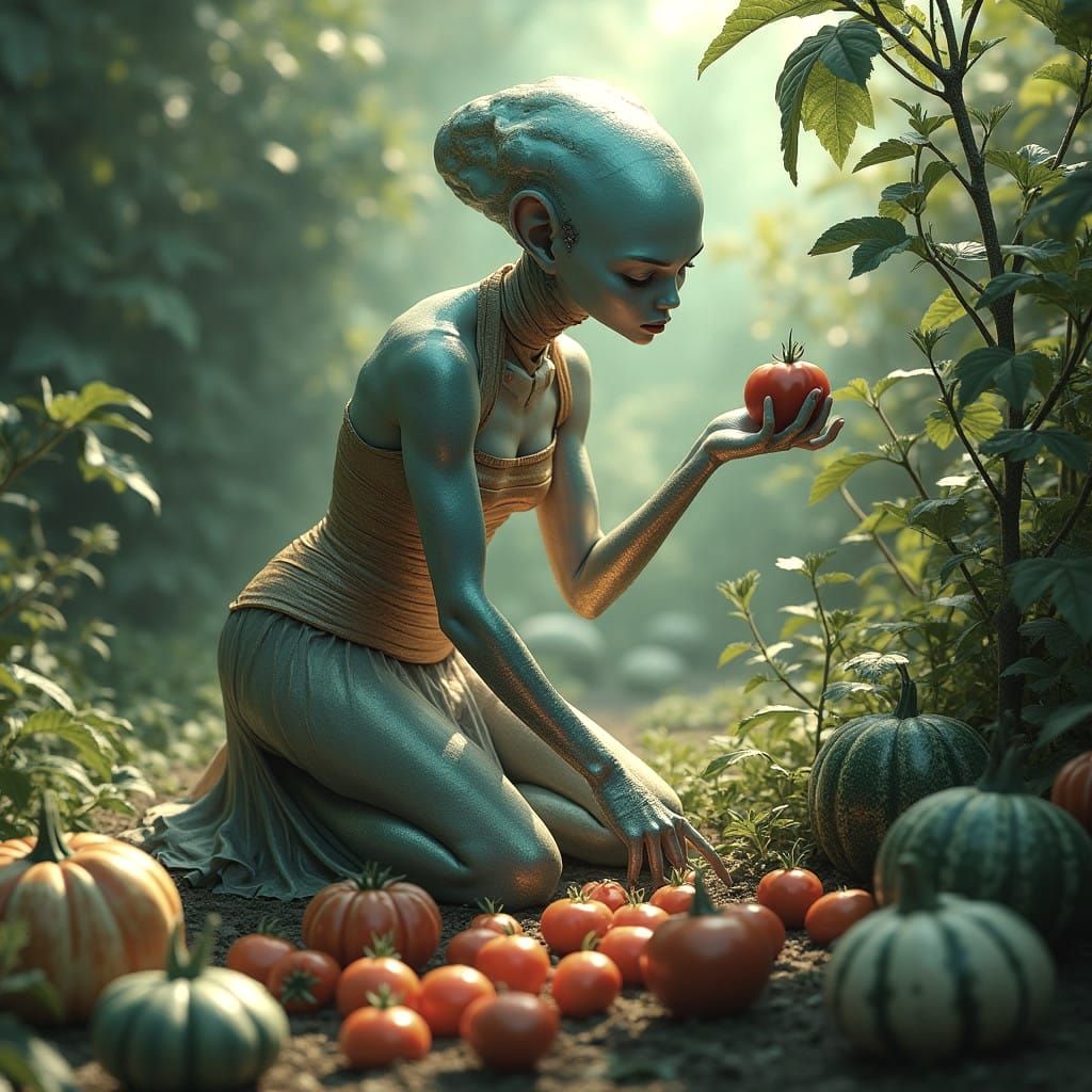 Ethereal Alien Gardener in a Whimsical 1950s-Inspired Garden