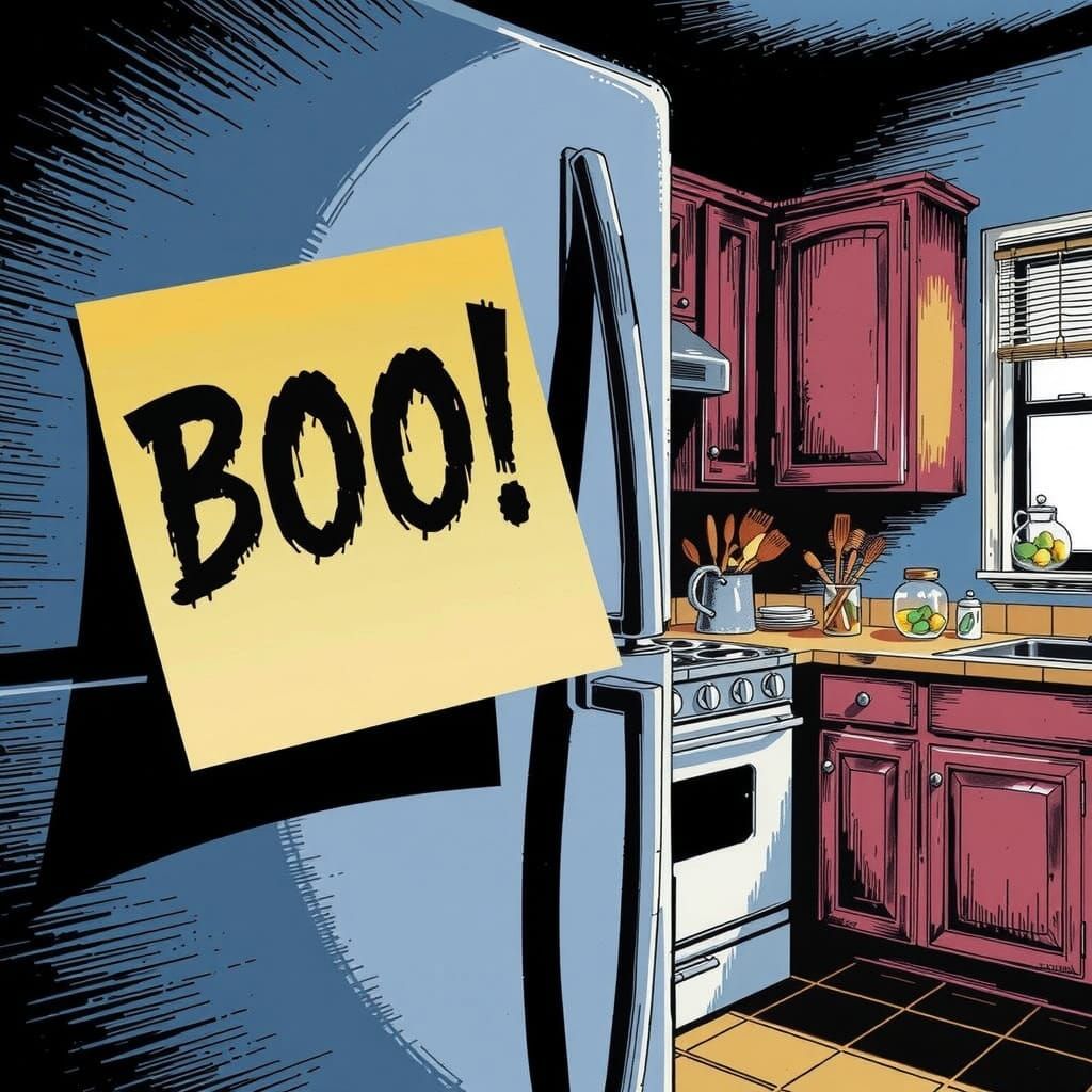 Ghostly 'Boo!' on Post-it Note in Suburban Kitchen