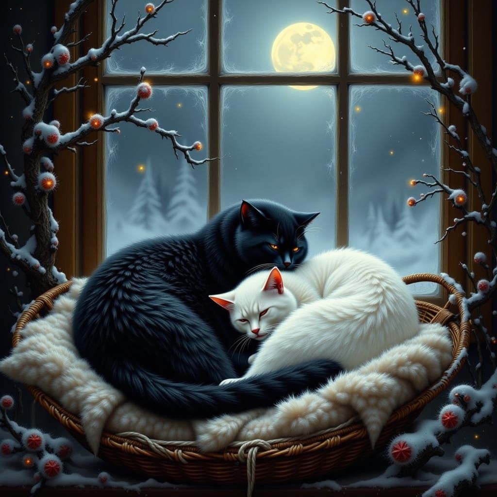Black and White Cats Sleeping in Winter Moonlight