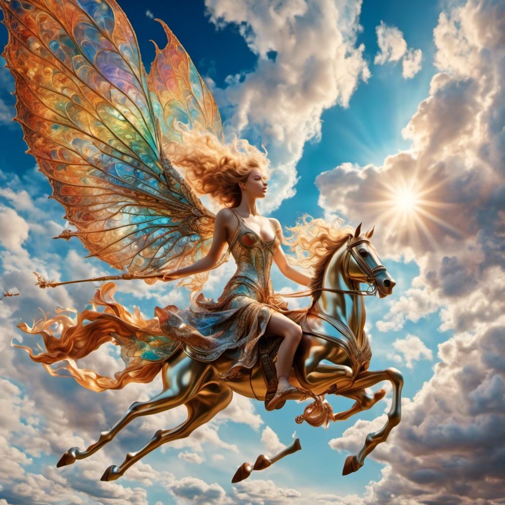 Beautiful goddess of the wind flies in the sky with clouds