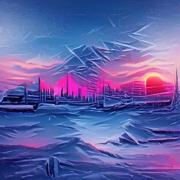 Synthwave Sunset Over Frozen Landscape