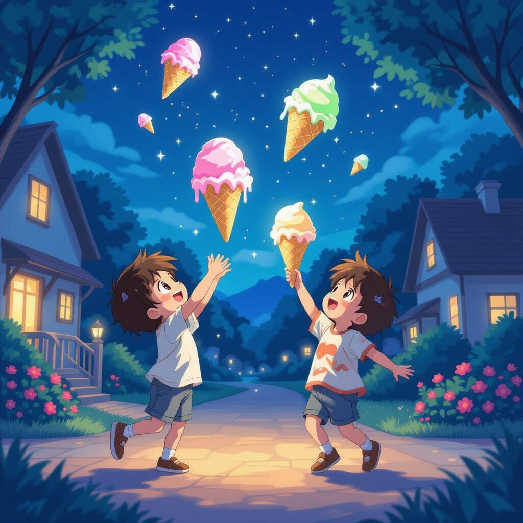 Children Chasing Glowing Ice Cream Cones in Anime Style