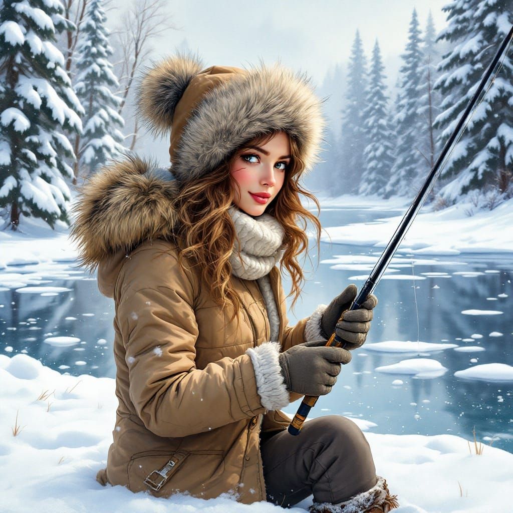 Winter Whimsy: A Young Woman's Serene Ice Fishing Scene