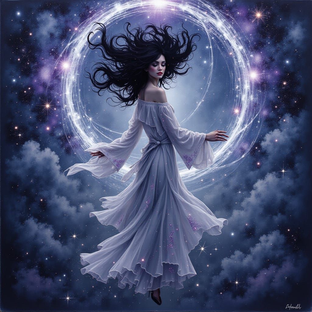 An ethereal woman with flowing, ink-black hair and robes ado...