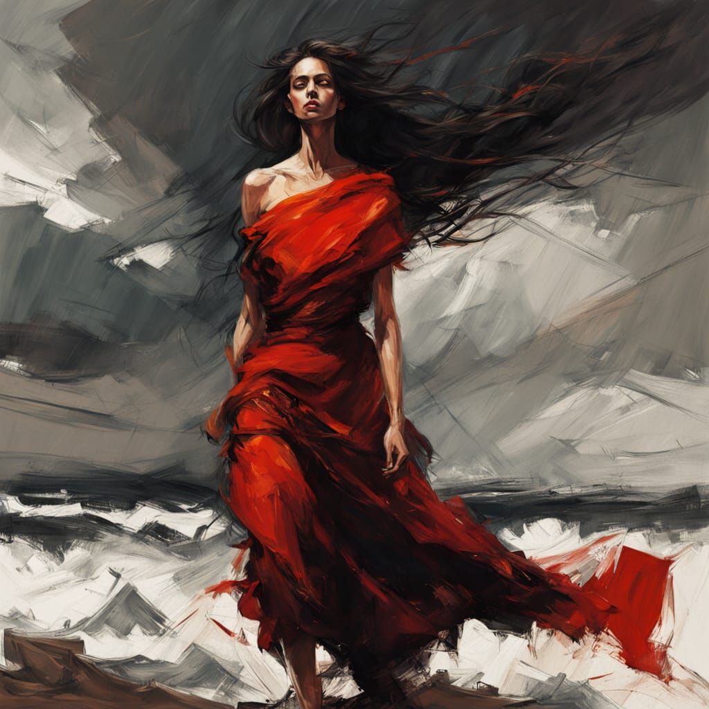 Expressionist Woman in Red Dress Amidst Stormy Sky