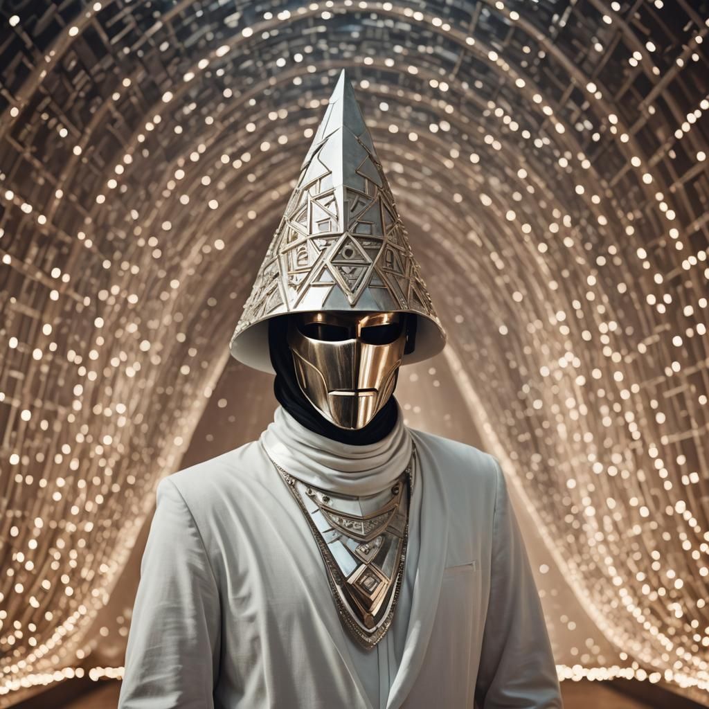 Surreal Pyramid Helmet Portrait in Bronze Style