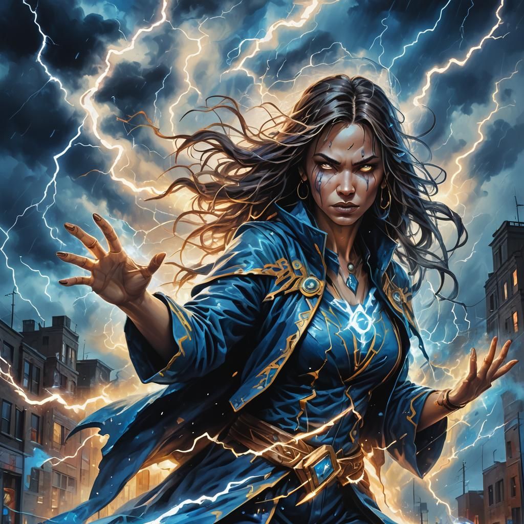 Sorceress Summons Storm in Graffiti Art Style