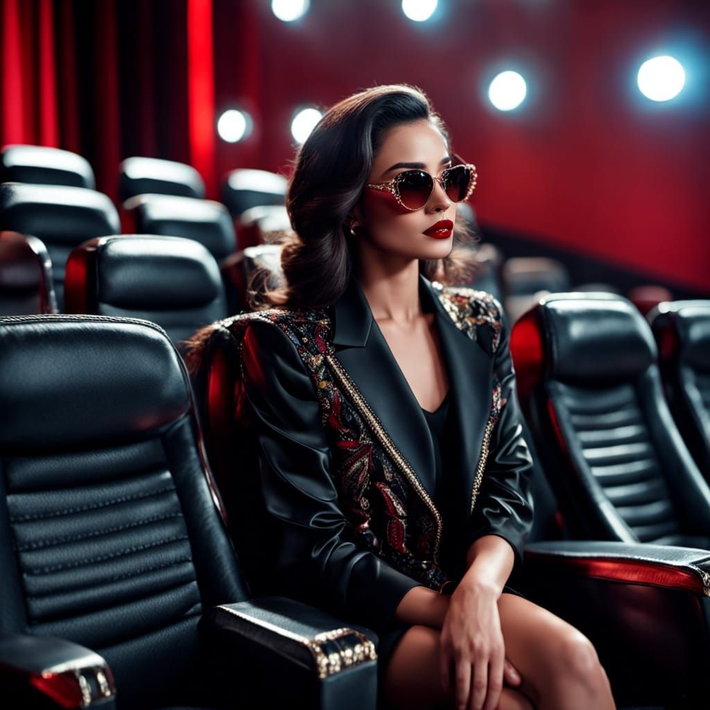 Glamorous Woman in Spotlight at Movie Theatre