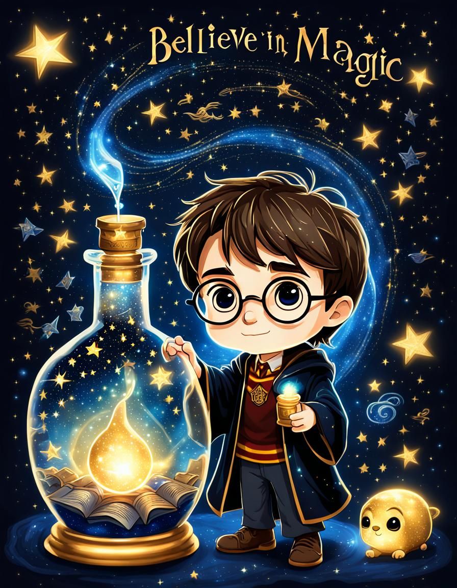 Chibi Harry Potter and Glowing Potion, Watercolor Style