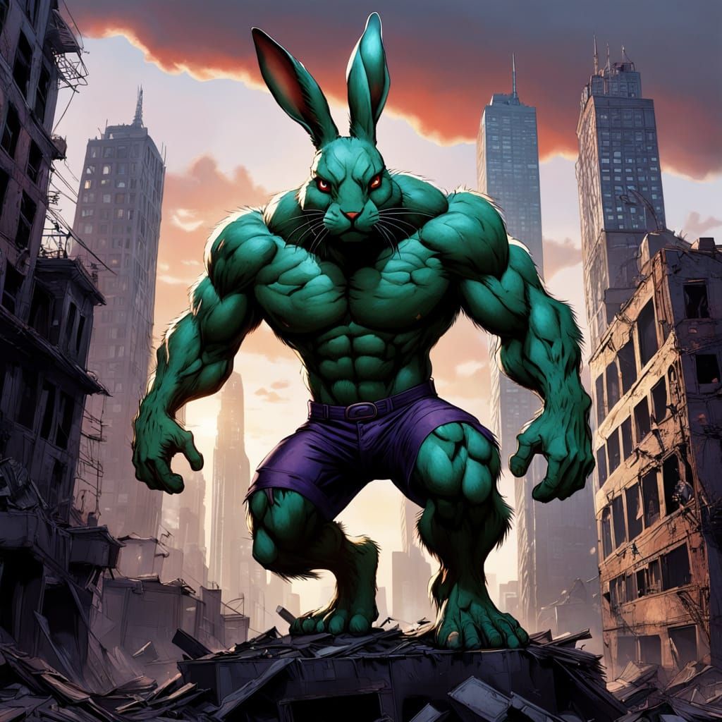 Emerald Rabbit Hulk Leaping Through Post-Apocalyptic City