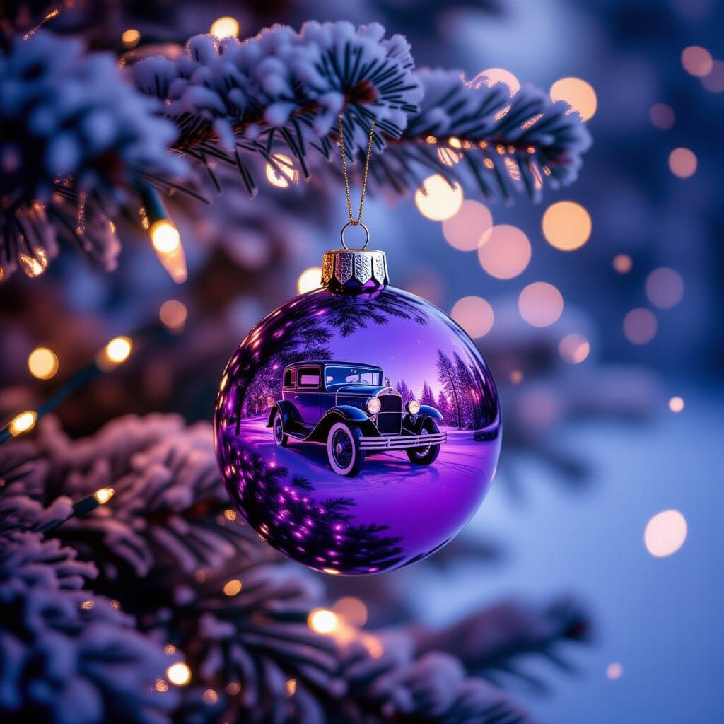 Gleaming Purple Christmas Bauble Reflects Ford Model T
