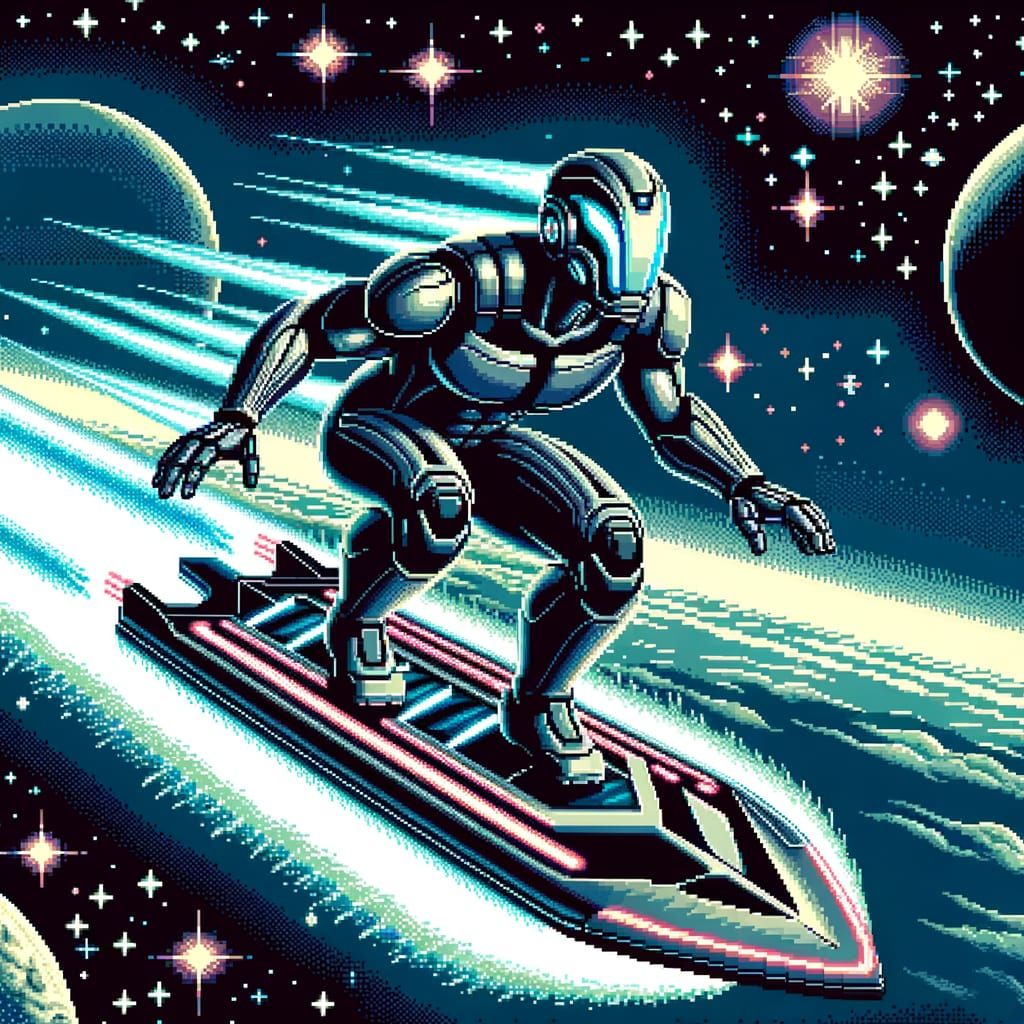 Futuristic Pixel Art Surfer Glides Through Space