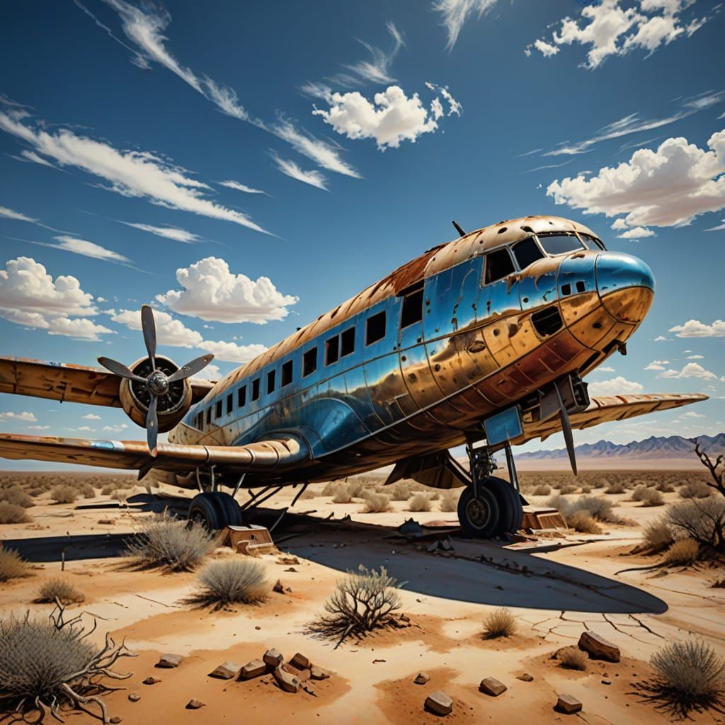 Abandoned Plane in Eerie Desert Landscape