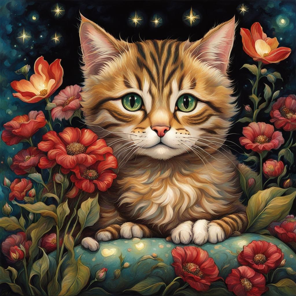 Cat Surrounded by Flowers in Art Nouveau Style