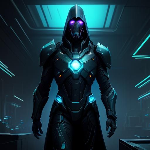 Cyberpunk Protoss Warrior in Gritty Sci-Fi Lab