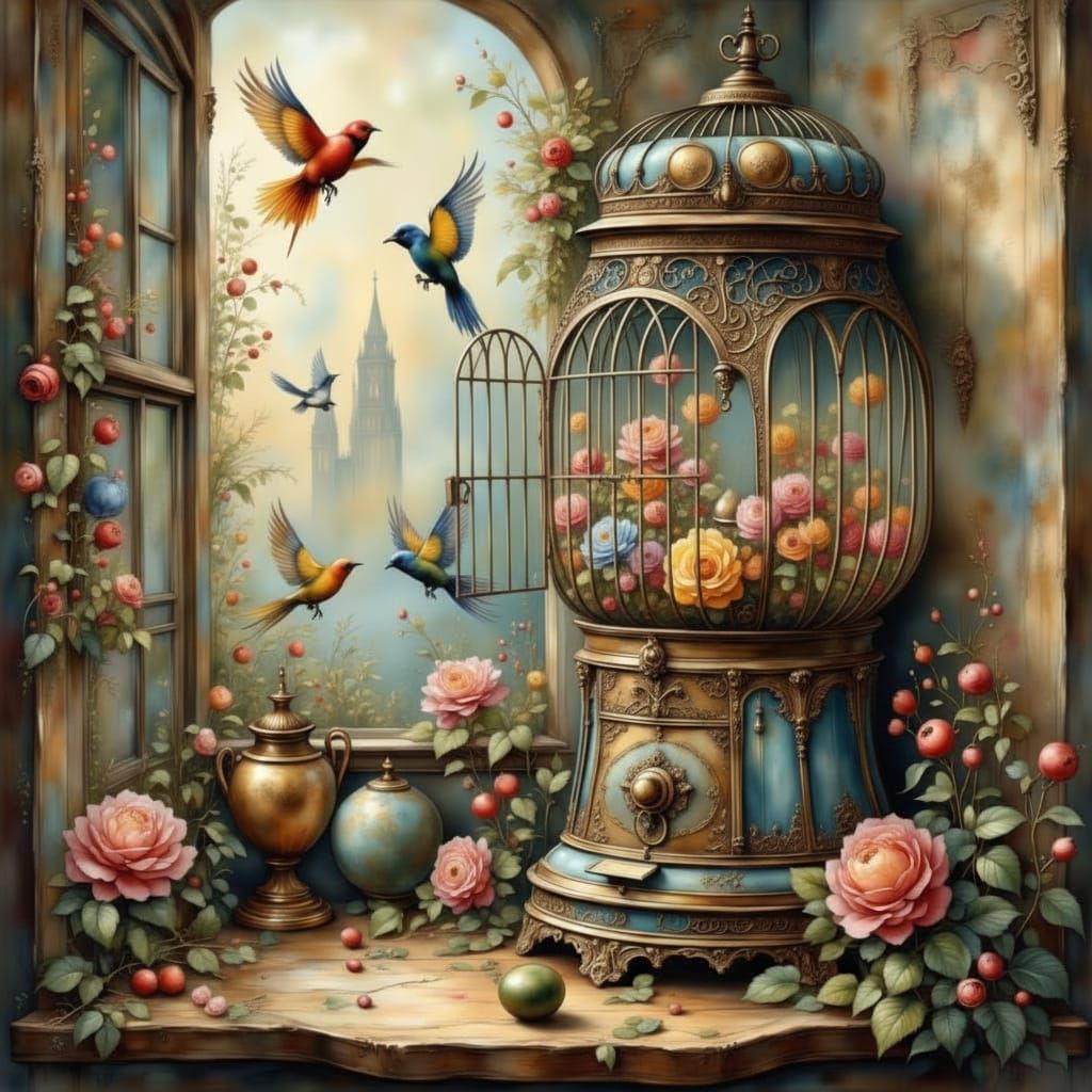Ornate Gumball Machine Birdcage with Birds