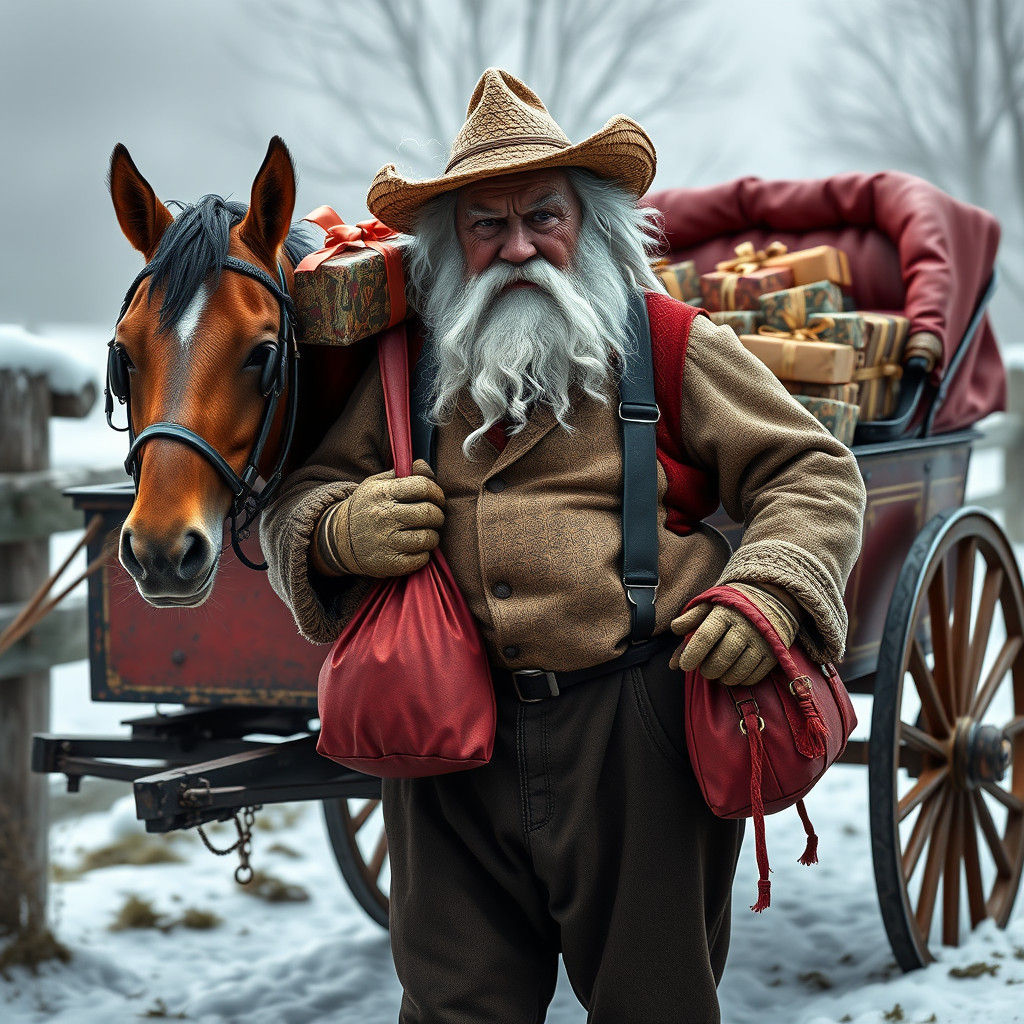 Santa Claus as Amish Man with Horse and Buggy