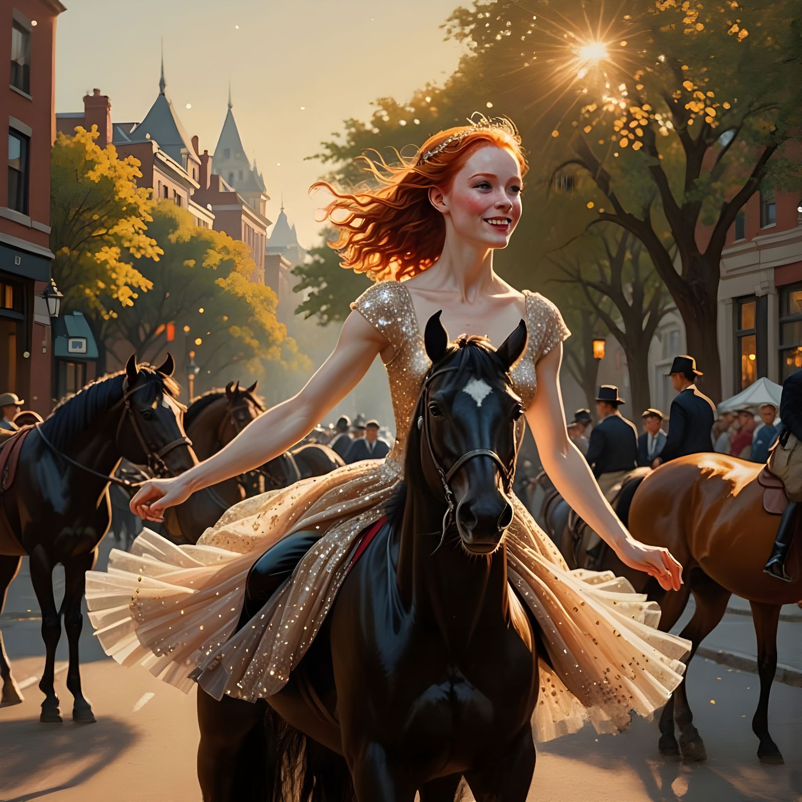 Redhead Ballerina Victorious on Black Stallion