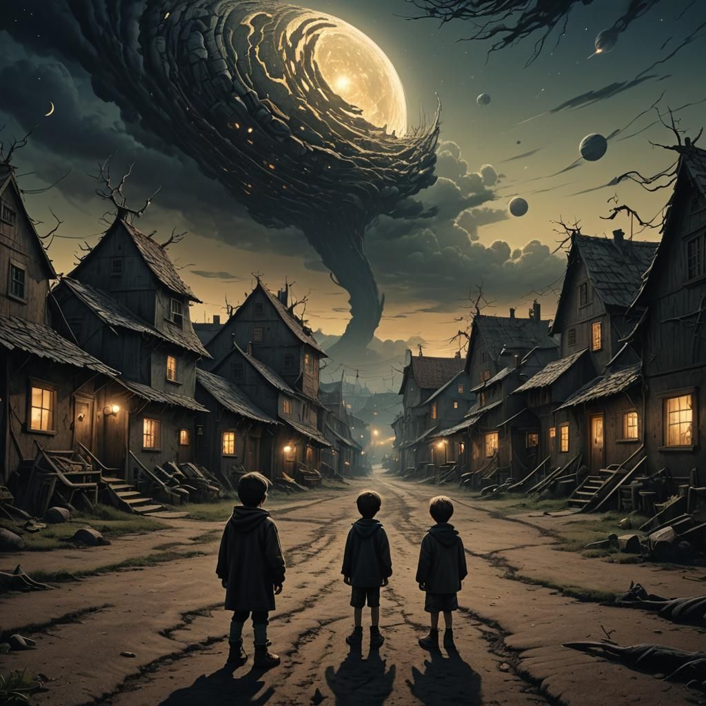 Child and Shadow Creatures in Twilight: Dark Fantasy