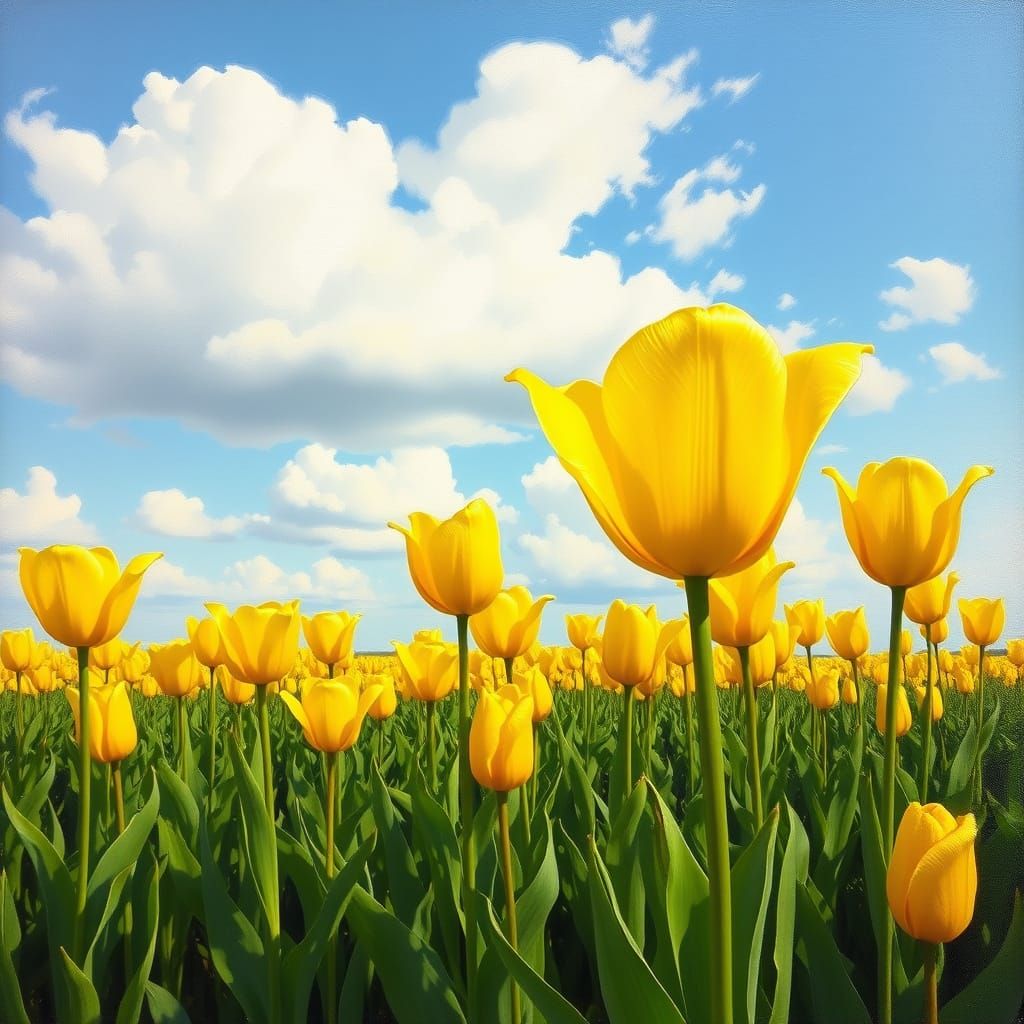 Yellow Tulip Fields in Romantic Oil Painting Style