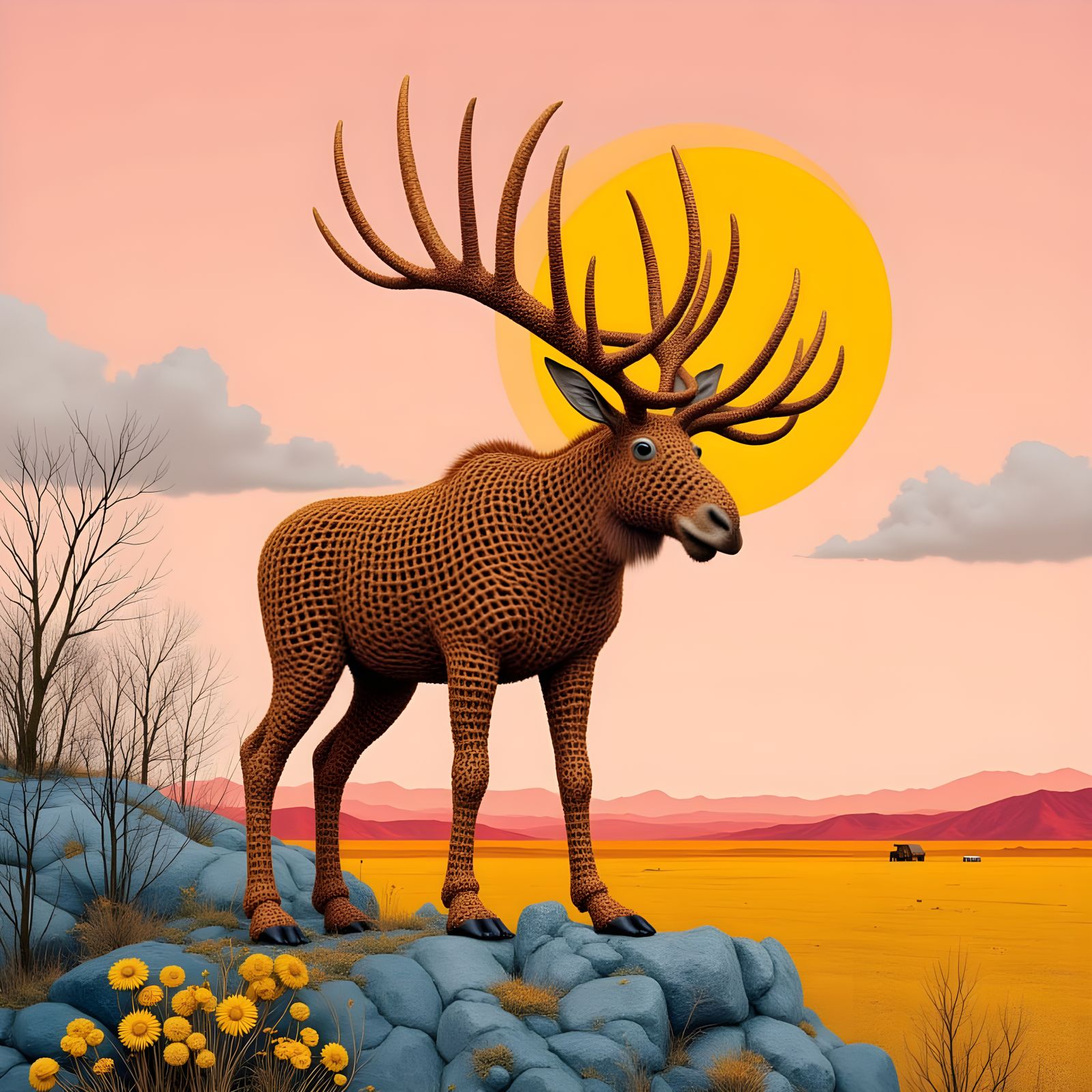 Moose with Pretzel Antlers in Vibrant Illustration Style
