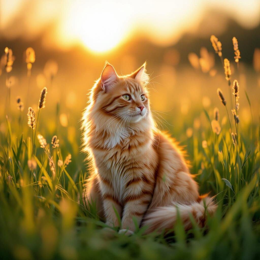 Fluffy Orange Cat in Sunlit Field as Impressionistic Oil Pai...