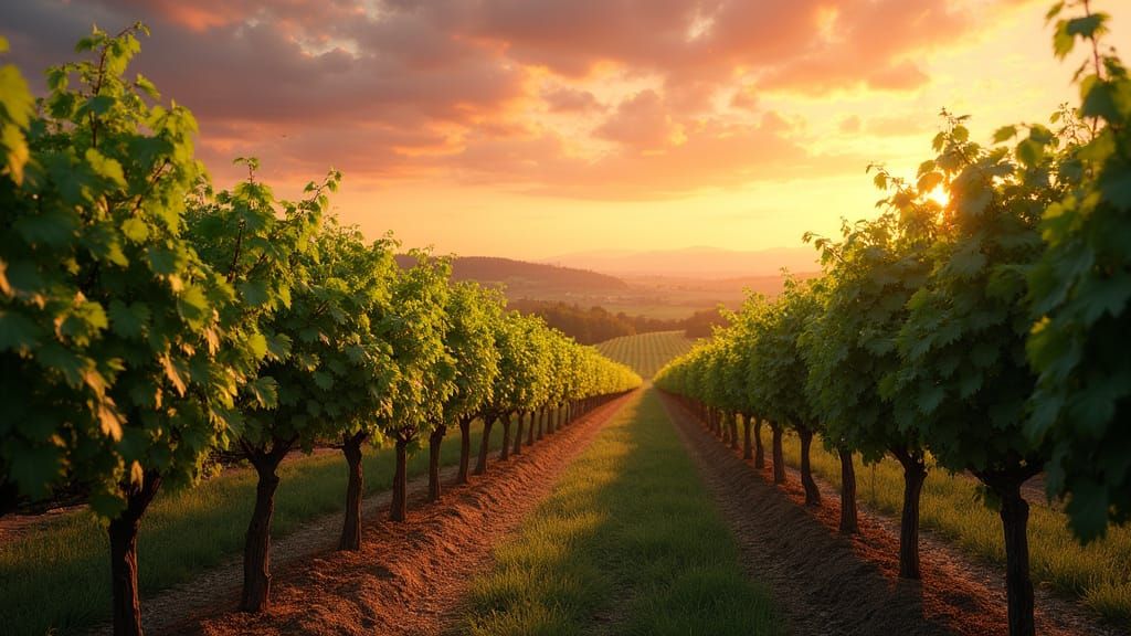 Serenely Detailed Wineyard Scene in Warm Golden Light
