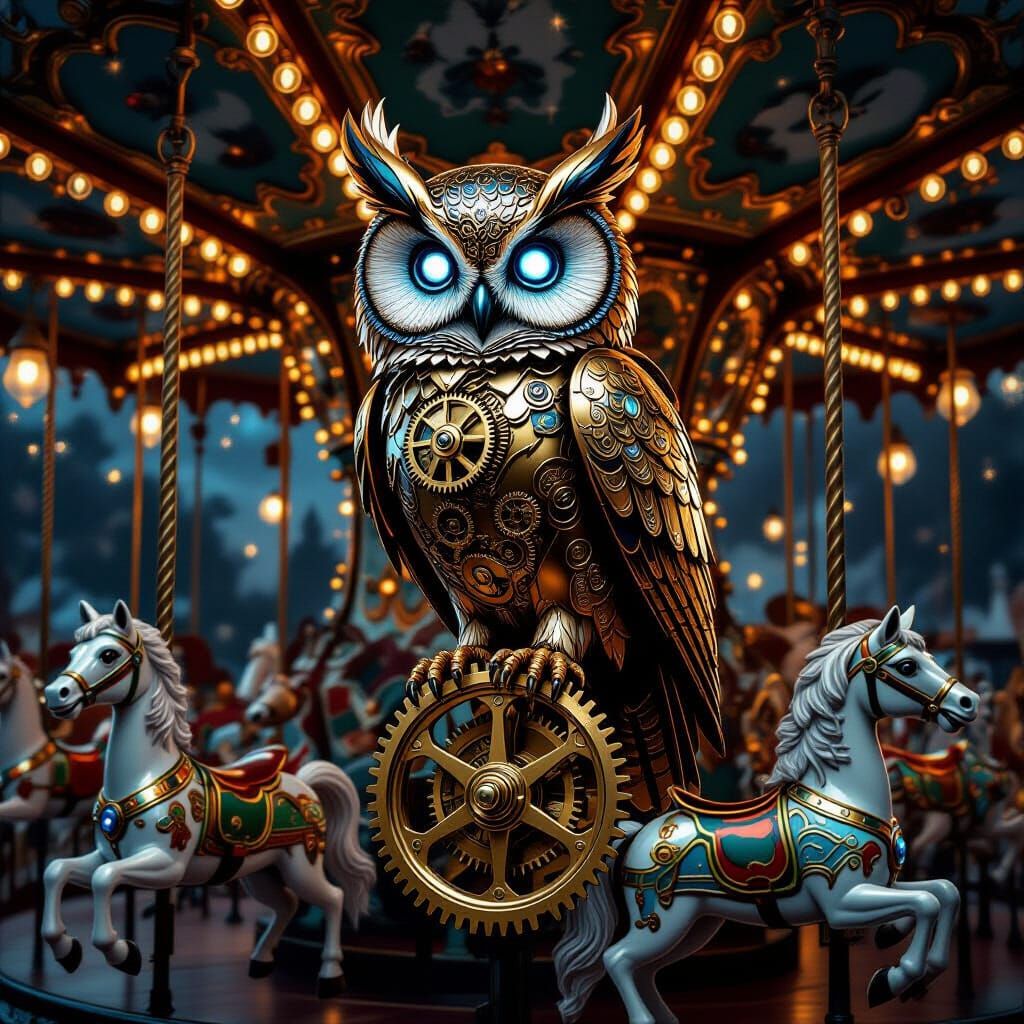 Clockwork Owl on Moonlit Carousel
