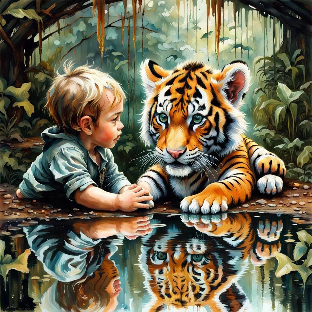 Tiger Cub and Mirrored Reflection in Dark Fantasy Style