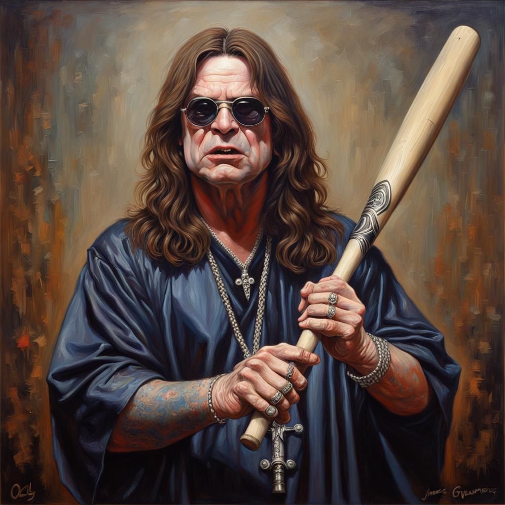Ozzy Osbourne Holding a Bat: Hyperrealistic Oil Painting