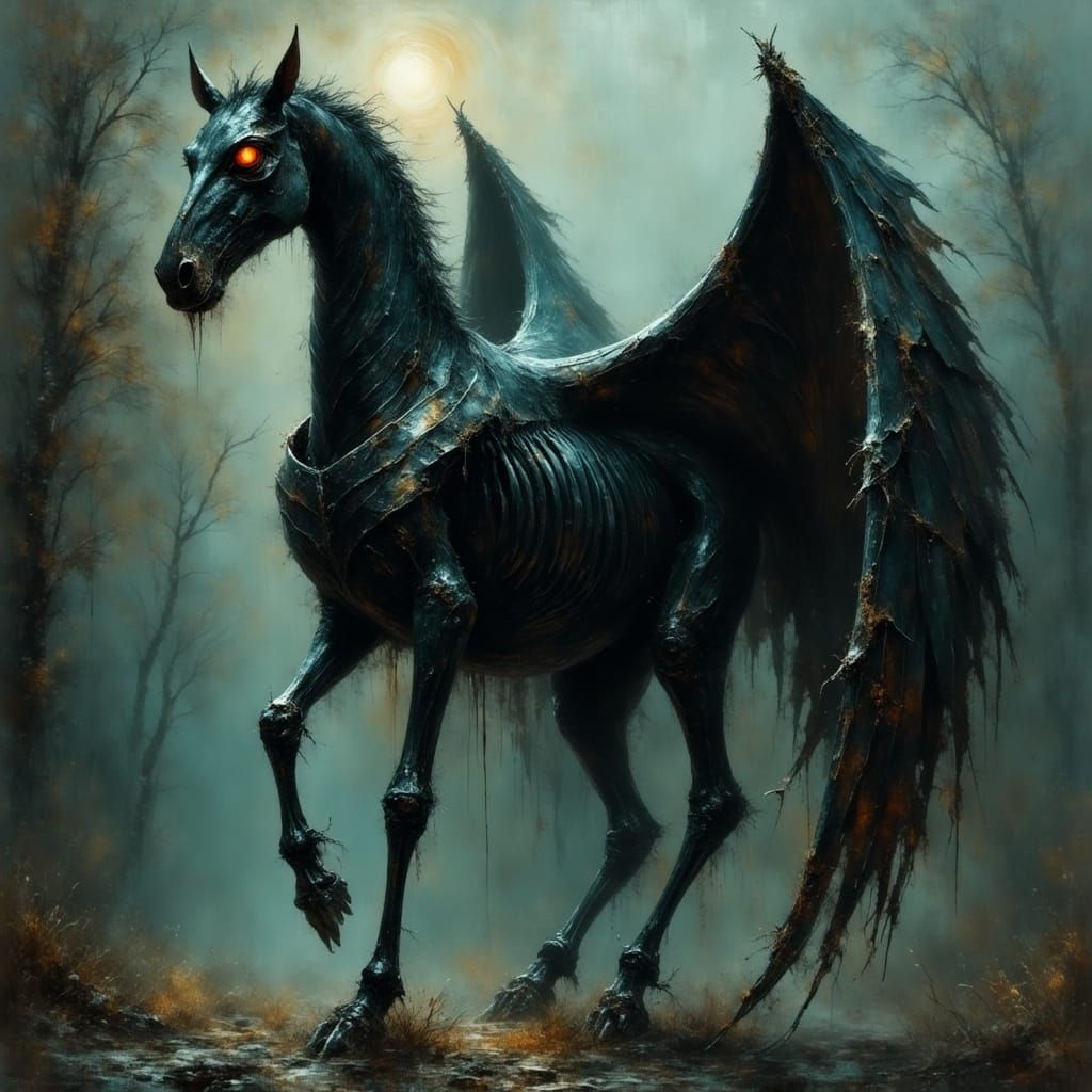 Surreal Dark Horse with Glowing Red Eyes and Tattered Wings ...