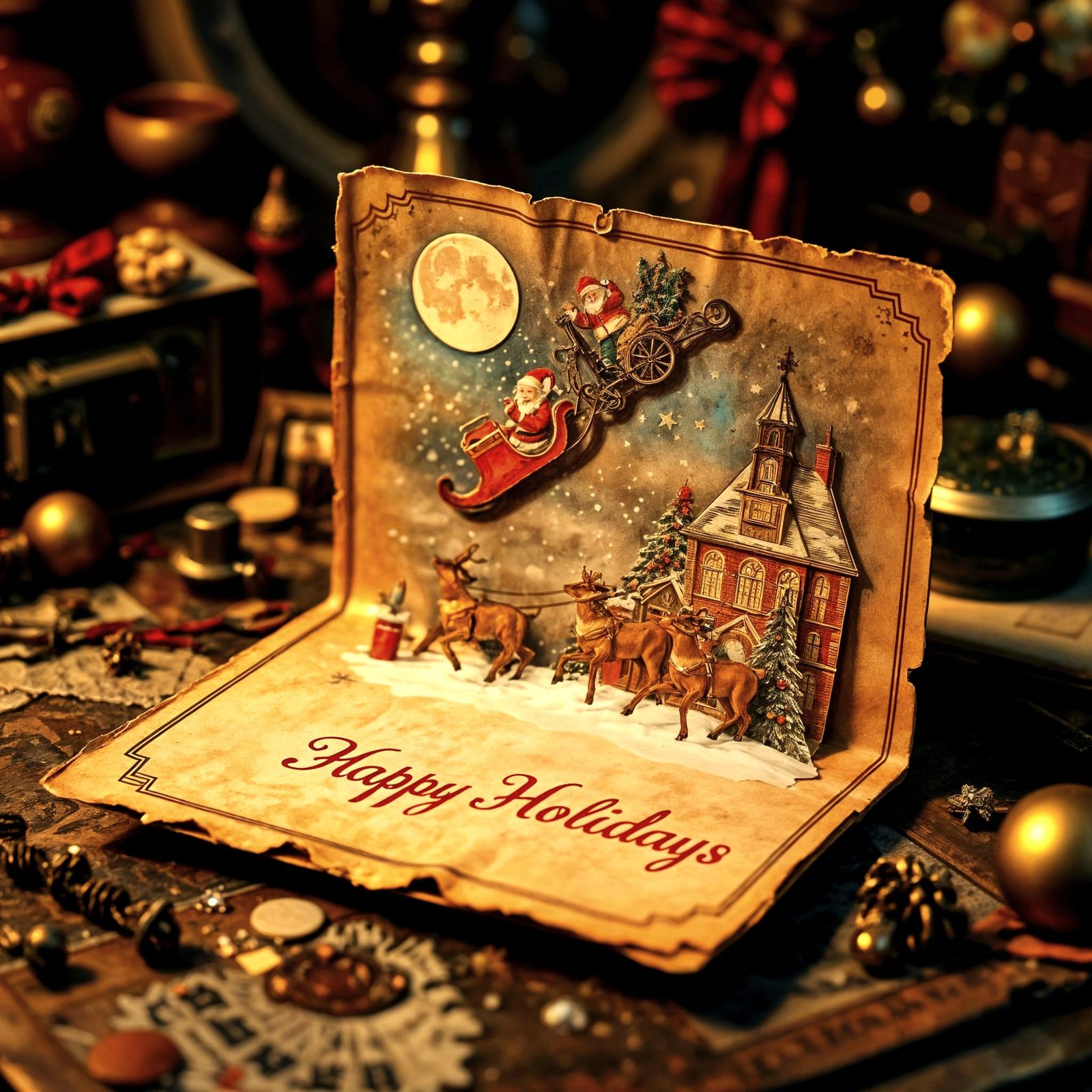 Vintage Pop-Up Christmas Card with Santa Flying Over Victori...