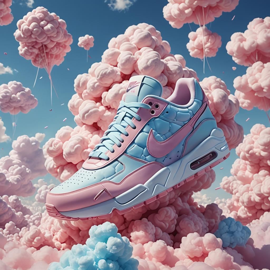 Nike sneaker concept art, (((made out of cotton candy clouds...