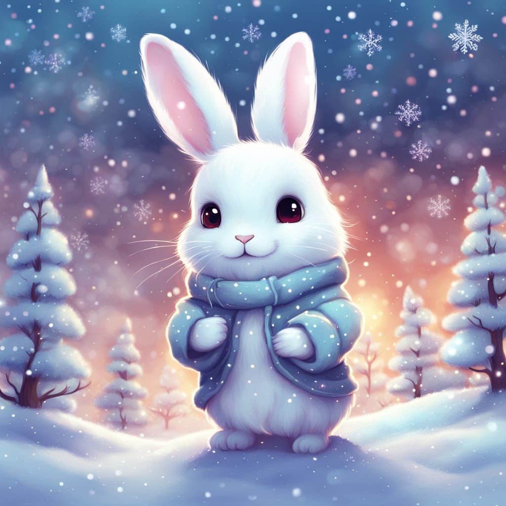Chibi White Rabbit in Winter Wonderland