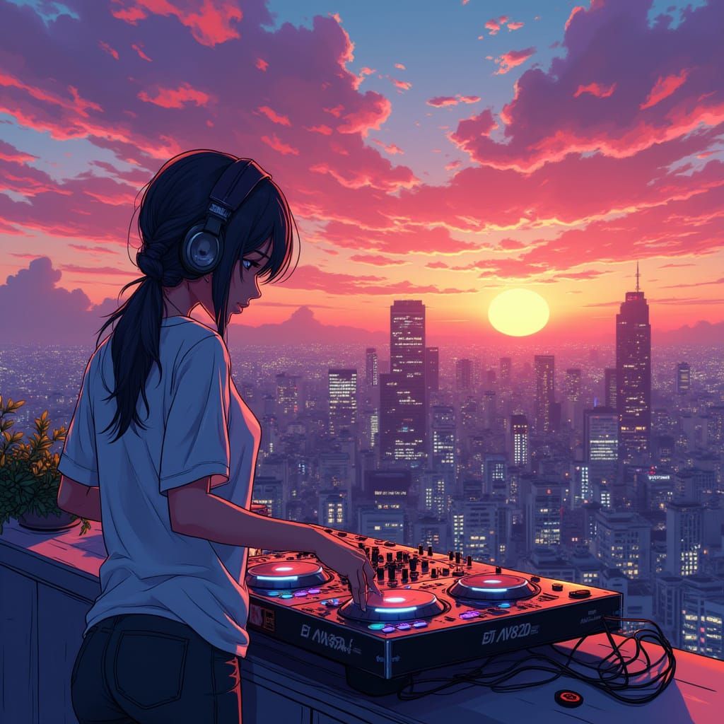 Anime Sunset Scene of DJ AV8R Mixing Music on Tokyo Rooftop