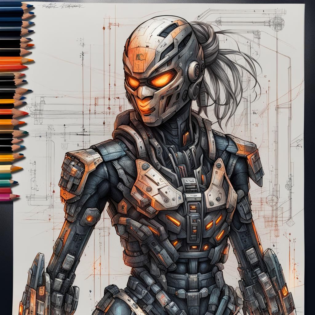 Cybernetic Ninja in Destroyed Lair: Digital Technical Sketch