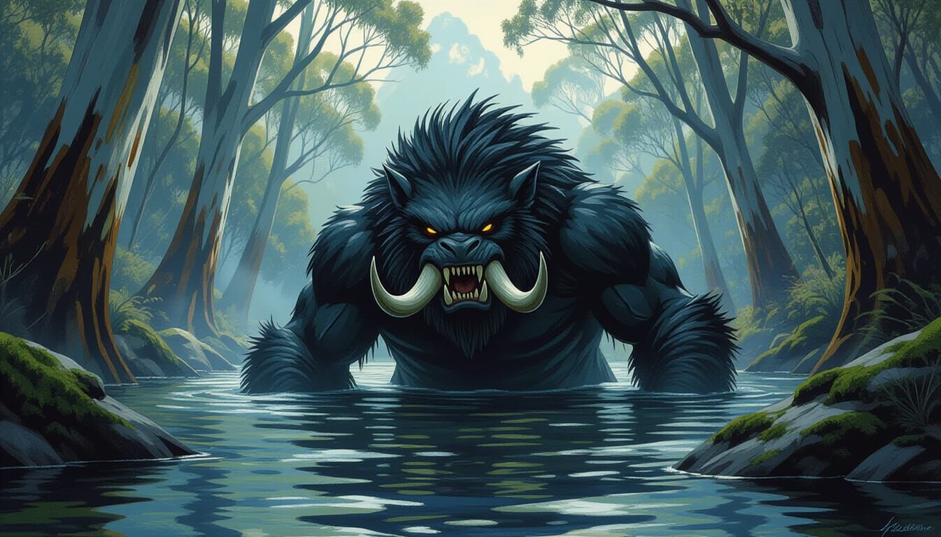 Menacing Bunyip Emerges from Murky Blue Mountains Creek