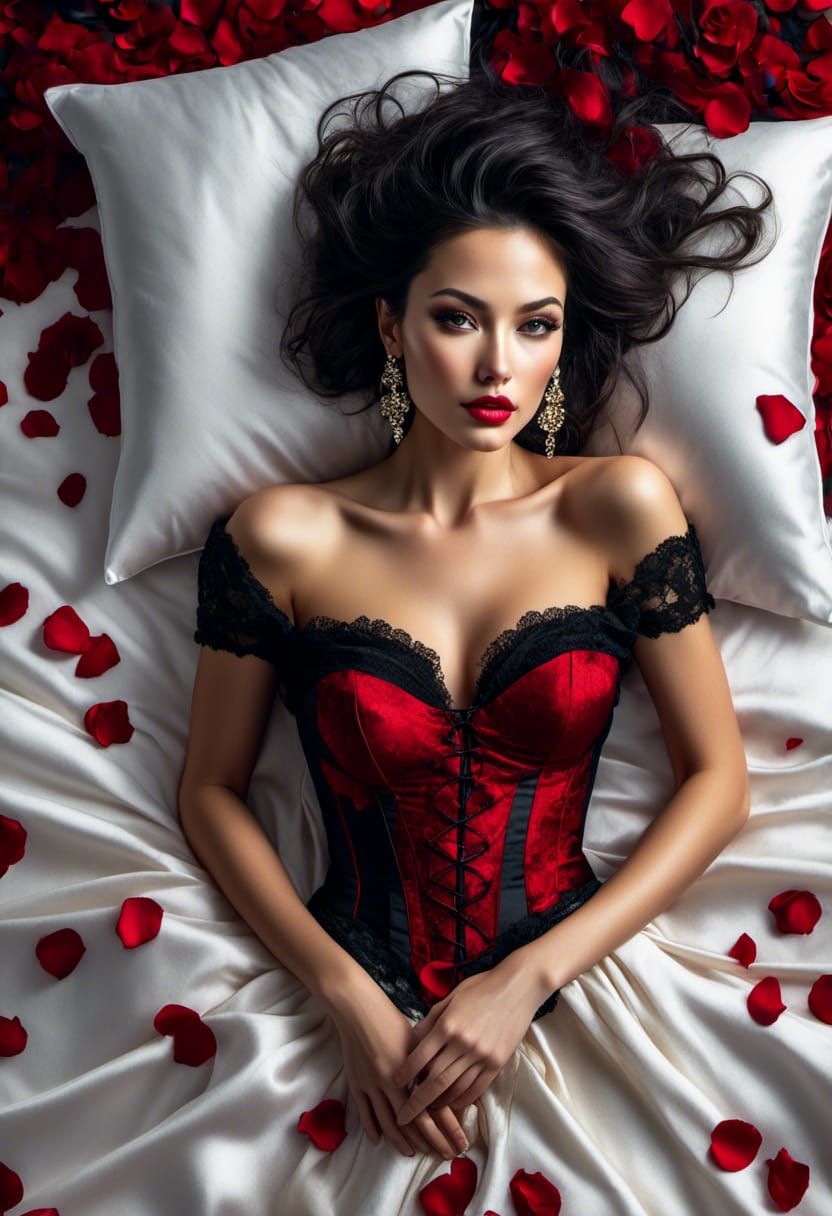 Brunette in Corset with Roses, Digital Art Style