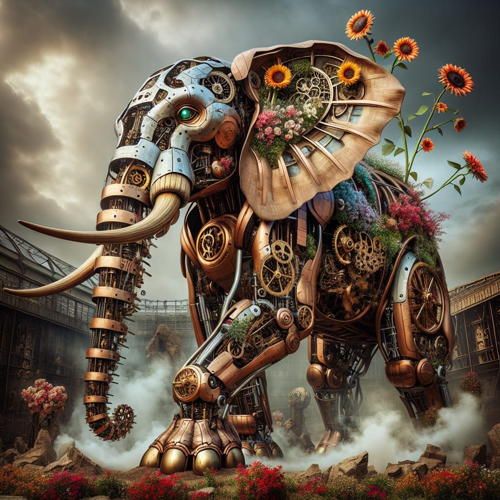 Colossal Brass Steampunk Elephant Blooms with Vibrant Flower...